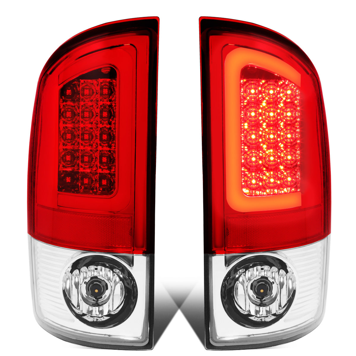 FAROS TRASEROS 02-06 DODGE RAM 1500 / 03-06 DODGE RAM 2500 , 3500 - RED C-BAR - 3D - U-HALO LED - CHROME / RED