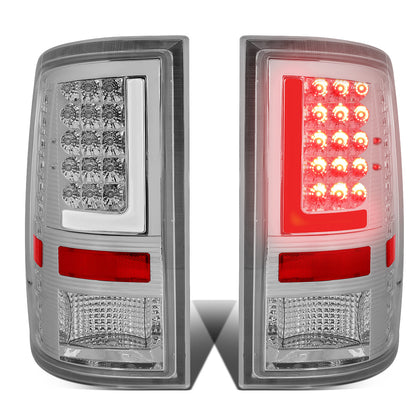 FAROS TRASEROS 09-17 DODGE RAM 1500 / 10-17 DODGE RAM 2500 , 3500 - L-BAR - 3D - LED - CHROME / CLEAR