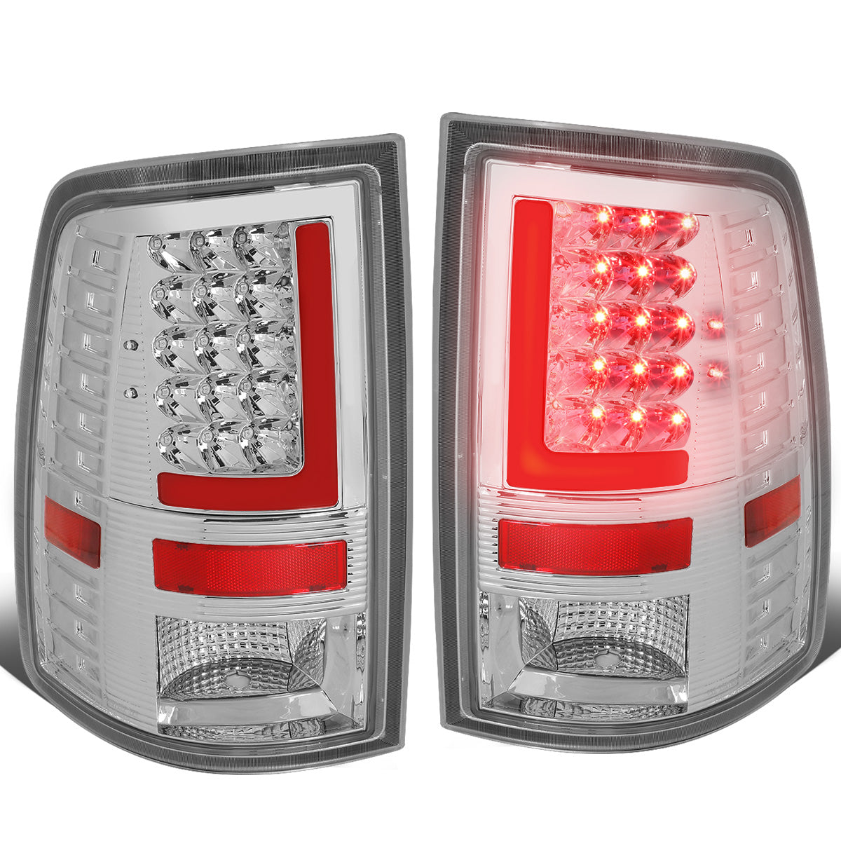 FAROS TRASEROS 09-17 DODGE RAM 1500 / 10-17 DODGE RAM 2500 , 3500 - RED L-BAR - 3D - LED - CHROME / CLEAR