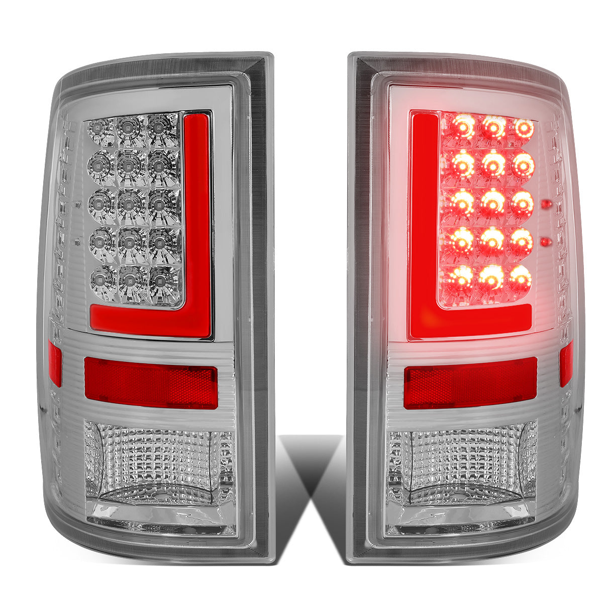 FAROS TRASEROS 09-17 DODGE RAM 1500 / 10-17 DODGE RAM 2500 , 3500 - RED L-BAR - 3D - LED - CHROME / CLEAR