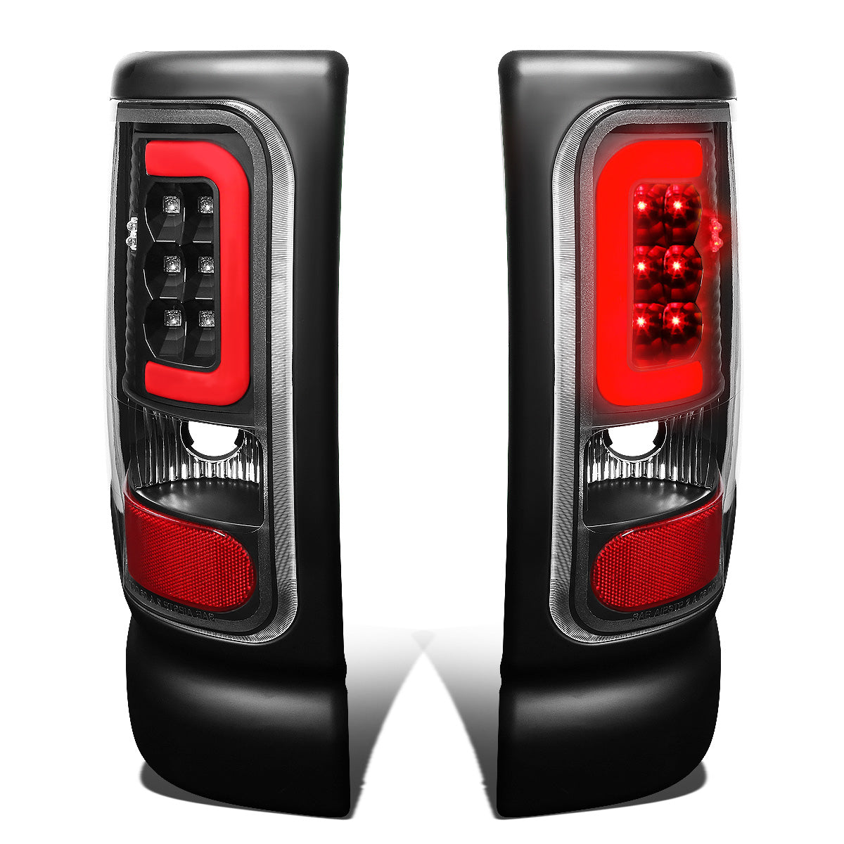 FAROS TRASEROS 94-01 DODGE RAM 1500 / 94-02 DODGE RAM 2500 , 3500 - RED C-BAR - 3D - U-HALO LED - BLACK / CLEAR
