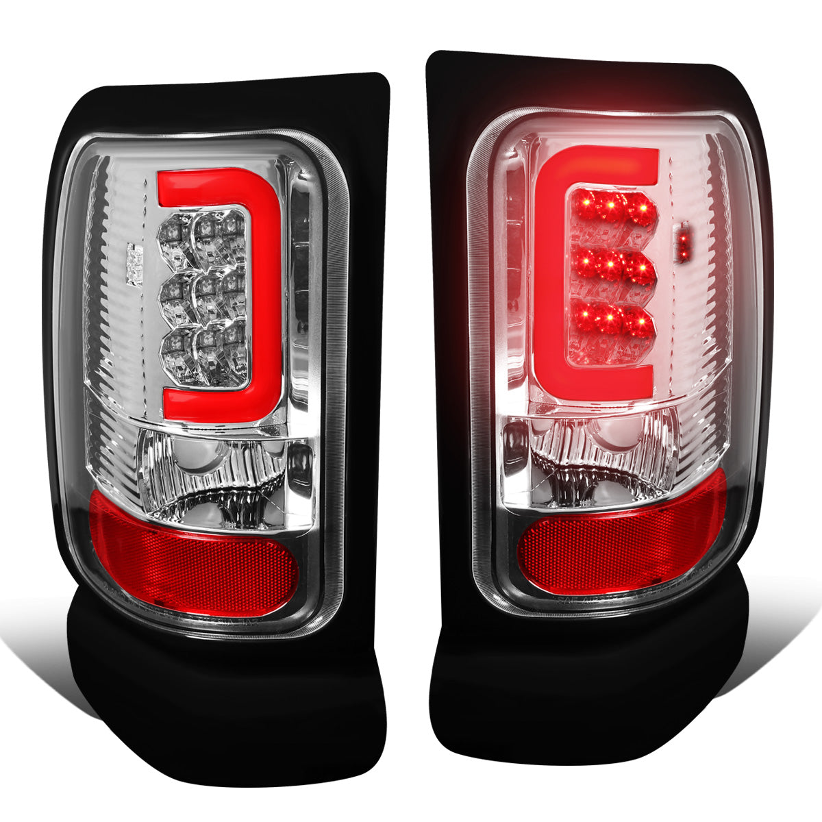 FAROS TRASEROS 94-01 DODGE RAM 1500 / 94-02 DODGE RAM 2500 , 3500 - RED C-BAR - 3D - U-HALO LED - CHROME / CLEAR