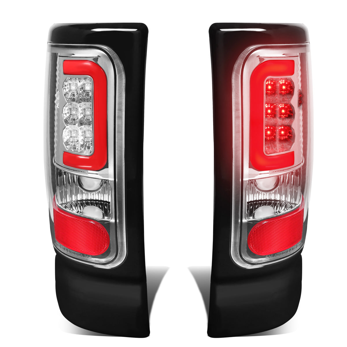 FAROS TRASEROS 94-01 DODGE RAM 1500 / 94-02 DODGE RAM 2500 , 3500 - RED C-BAR - 3D - U-HALO LED - CHROME / CLEAR