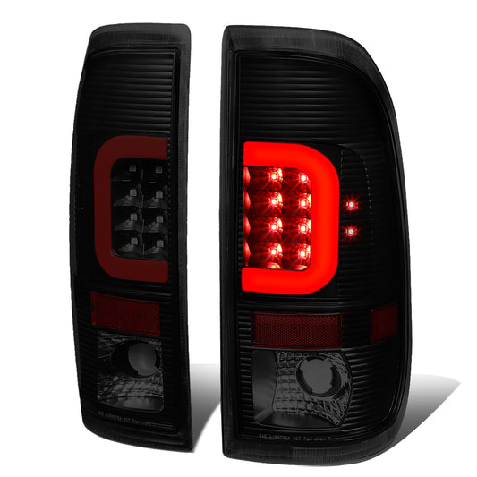 FAROS TRASEROS 97-03 FORD F-150 / 97-99 FORD F-250 / 99-07 FORD F-250, F-350, F-450, F-550 - SUPER DUTY / 04 FORD F-150 HERITAGE - RED C-BAR - 3D - LED - FITS STYLESIDE MODELS ONLY - BLACK / SMOKE