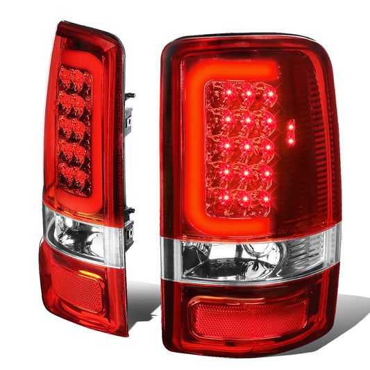 FAROS TRASEROS 00-06 CHEVY TAHOE , CHEVY SUBURBAN 1500 , 2500 , GMC YUKON , YUKON XL 1500 , 2500 - C-BAR - 3D - U-HALO LED - FITS LIFT DOOR MODELS ONLY , DOES NOT FIT BARN DOOR MODELS - CHROME / RED