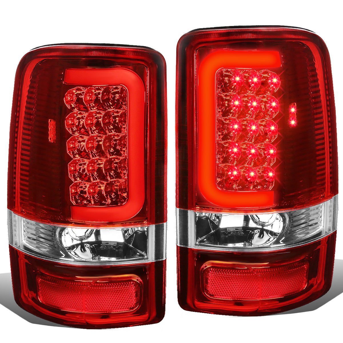FAROS TRASEROS 00-06 CHEVY TAHOE , CHEVY SUBURBAN 1500 , 2500 , GMC YUKON , YUKON XL 1500 , 2500 - C-BAR - 3D - U-HALO LED - FITS LIFT DOOR MODELS ONLY , DOES NOT FIT BARN DOOR MODELS - CHROME / RED