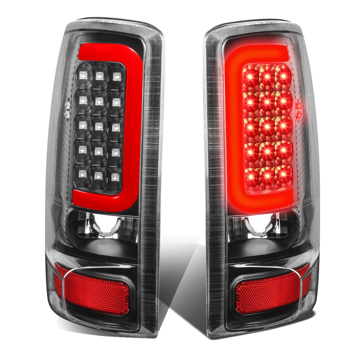 FAROS TRASEROS 00-06 CHEVY TAHOE , CHEVY SUBURBAN 1500 , 2500 , GMC YUKON , YUKON XL 1500 , 2500 - RED C-BAR - 3D - U-HALO LED - FITS LIFT DOOR MODELS ONLY , DOES NOT FIT BARN DOOR MODELS - BLACK / CLEAR