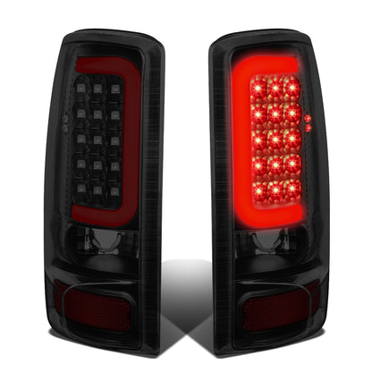 FAROS TRASEROS 00-06 CHEVY TAHOE , CHEVY SUBURBAN 1500 , 2500 , GMC YUKON , YUKON XL 1500 , 2500 - RED C-BAR - 3D - U-HALO LED - FITS LIFT DOOR MODELS ONLY , DOES NOT FIT BARN DOOR MODELS - BLACK / SMOKE