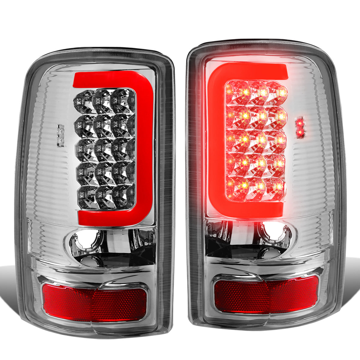 FAROS TRASEROS 00-06 CHEVY TAHOE , CHEVY SUBURBAN 1500 , 2500 , GMC YUKON , YUKON XL 1500 , 2500 - RED C-BAR - 3D - U-HALO LED - FITS LIFT DOOR MODELS ONLY , DOES NOT FIT BARN DOOR MODELS - CHROME / CLEAR