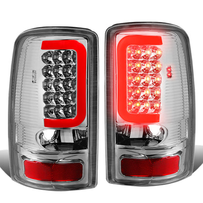 FAROS TRASEROS 00-06 CHEVY TAHOE , CHEVY SUBURBAN 1500 , 2500 , GMC YUKON , YUKON XL 1500 , 2500 - RED C-BAR - 3D - U-HALO LED - FITS LIFT DOOR MODELS ONLY , DOES NOT FIT BARN DOOR MODELS - CHROME / CLEAR