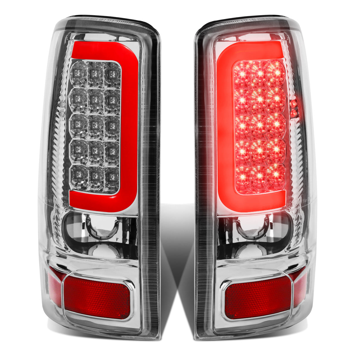FAROS TRASEROS 00-06 CHEVY TAHOE , CHEVY SUBURBAN 1500 , 2500 , GMC YUKON , YUKON XL 1500 , 2500 - RED C-BAR - 3D - U-HALO LED - FITS LIFT DOOR MODELS ONLY , DOES NOT FIT BARN DOOR MODELS - CHROME / CLEAR