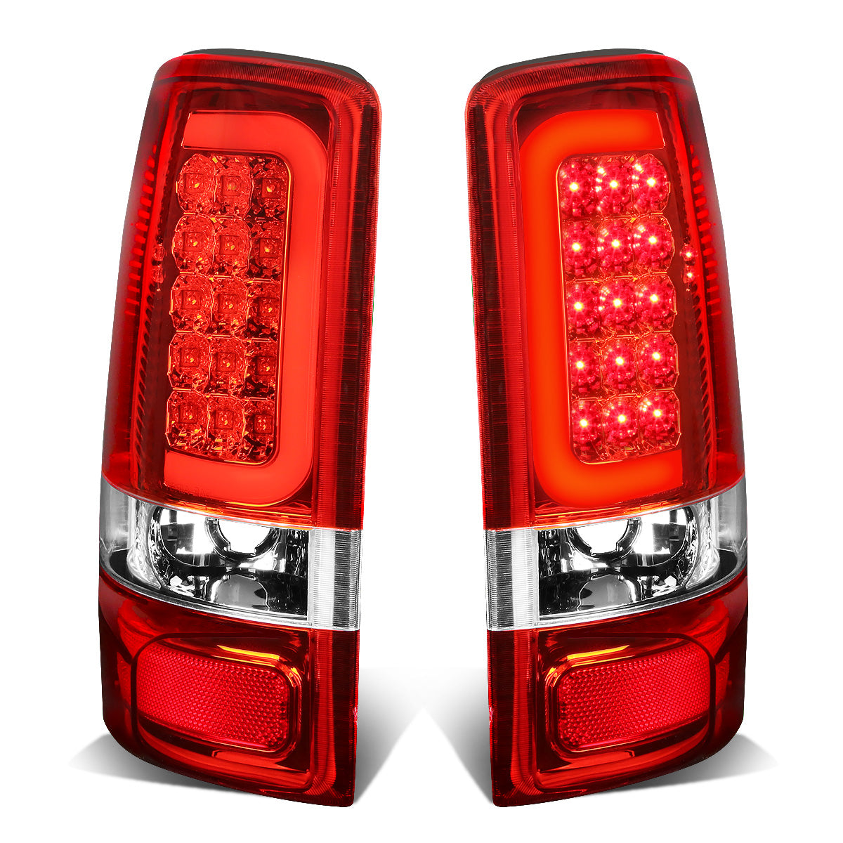FAROS TRASEROS 00-06 CHEVY TAHOE , CHEVY SUBURBAN 1500 , 2500 , GMC YUKON , YUKON XL 1500 , 2500 - RED C-BAR - 3D - U-HALO LED - FITS LIFT DOOR MODELS ONLY , DOES NOT FIT BARN DOOR MODELS - CHROME / RED