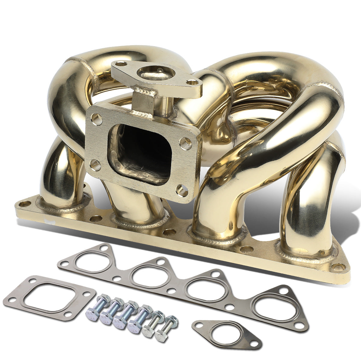 TURBO MANIFOLD TURBO MANIFOLD - SS - HONDA B-SERIES - T3 FLANGE - 35/38MM WG - RAM HORN STYLE - GOLD