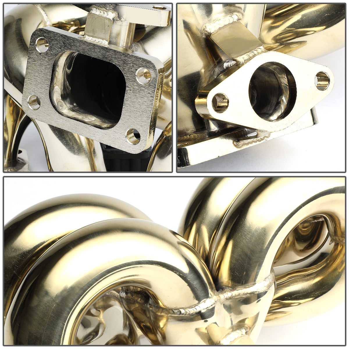 TURBO MANIFOLD TURBO MANIFOLD - SS - HONDA B-SERIES - T3 FLANGE - 35/38MM WG - RAM HORN STYLE - GOLD