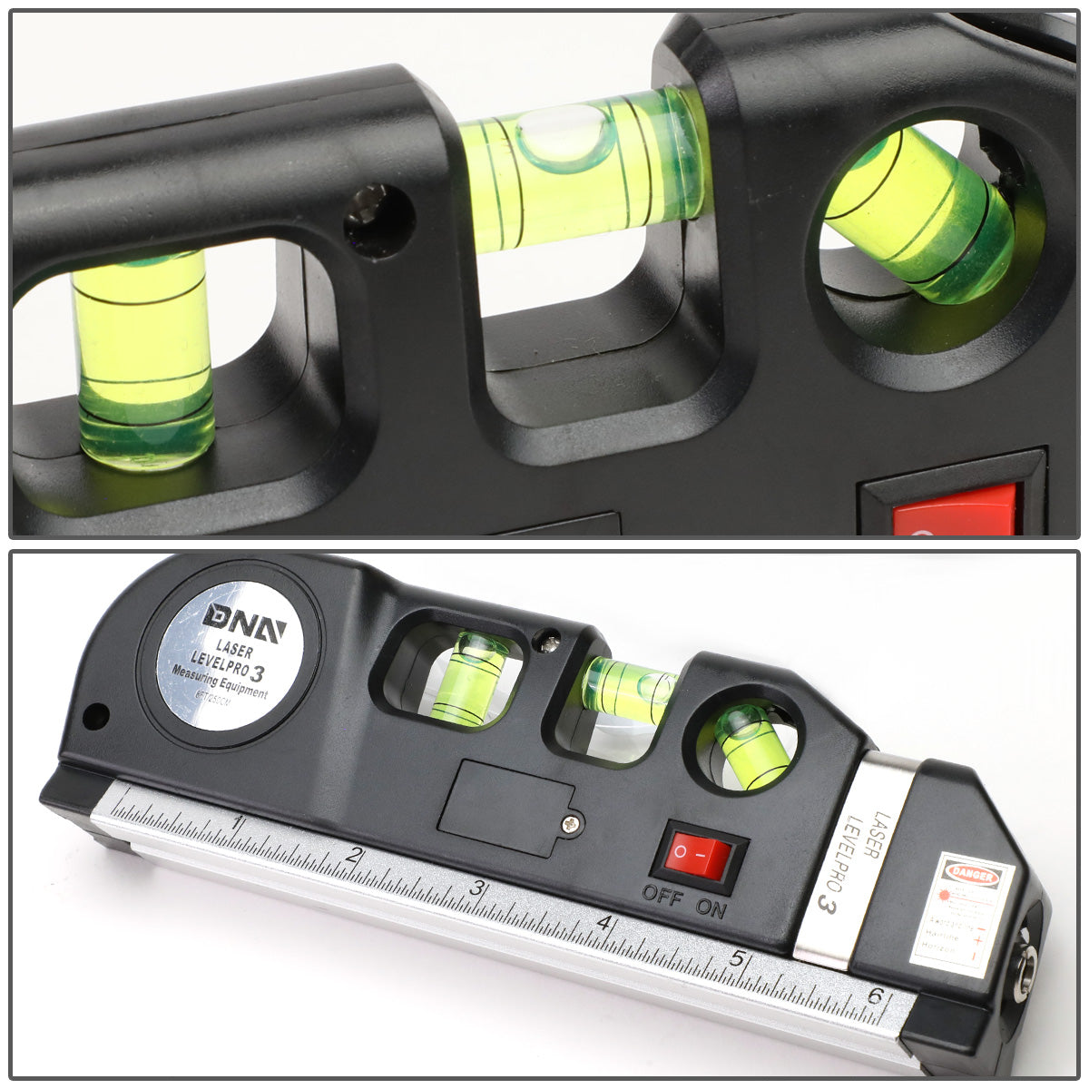HERRAMIENTAS DNA LOGO - 3-MODE LASER LINE - 6" RULER - 8FT MEASURING TAPE - BLACK
