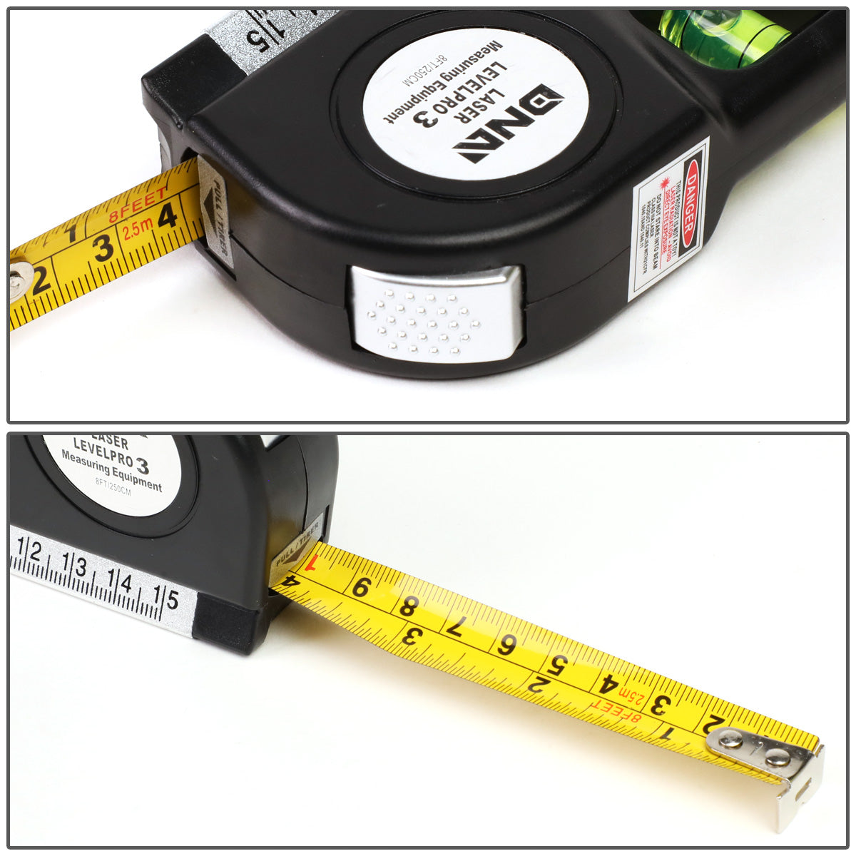 HERRAMIENTAS DNA LOGO - 3-MODE LASER LINE - 6" RULER - 8FT MEASURING TAPE - BLACK
