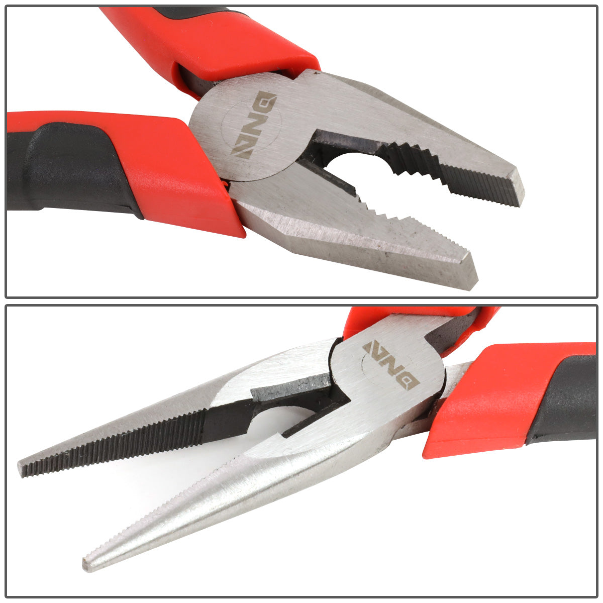 HERRAMIENTAS DNA LOGO - 2PC - 6-1/2" LINESMAN PLIER , 6-1/2" NEEDLE NOSE PLIER - 1/2" JAW OPENING - BLACK / RED RUBBER GRIP
