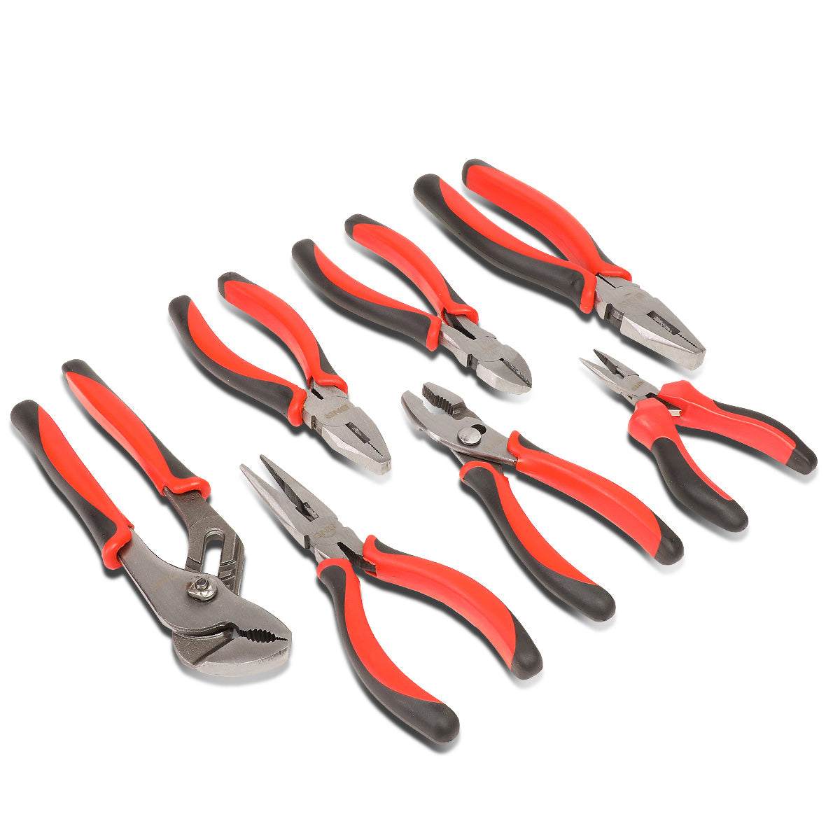 HERRAMIENTAS DNA LOGO - 7PC - 5" NEEDLE NOSE PLIER, 6-1/2" LINESMAN PLIER, 6" SLIP JOINT PLIER, 6-1/2" NEEDLE NOSE PLIER, 6-1/2" DIAGONAL CUTTER, 8" GROOVE JOINT PLIER, 8" LINESMAN PLIER - 1/2" JAW OPENING - BLACK / RED RUBBER GRIP