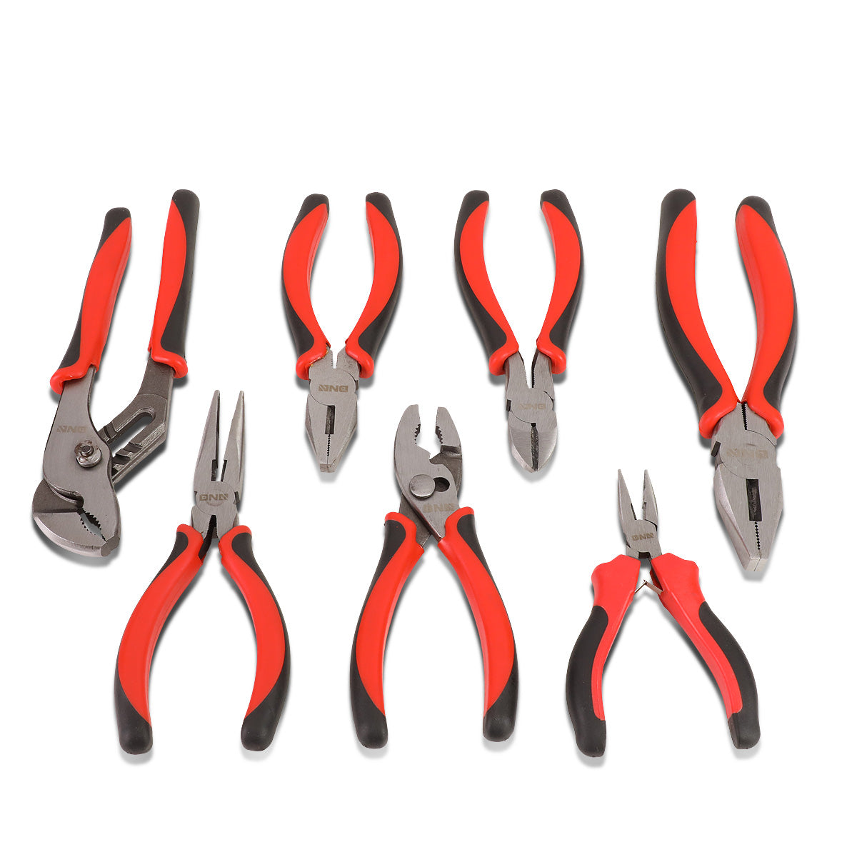 HERRAMIENTAS DNA LOGO - 7PC - 5" NEEDLE NOSE PLIER, 6-1/2" LINESMAN PLIER, 6" SLIP JOINT PLIER, 6-1/2" NEEDLE NOSE PLIER, 6-1/2" DIAGONAL CUTTER, 8" GROOVE JOINT PLIER, 8" LINESMAN PLIER - 1/2" JAW OPENING - BLACK / RED RUBBER GRIP