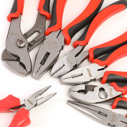 HERRAMIENTAS DNA LOGO - 7PC - 5" NEEDLE NOSE PLIER, 6-1/2" LINESMAN PLIER, 6" SLIP JOINT PLIER, 6-1/2" NEEDLE NOSE PLIER, 6-1/2" DIAGONAL CUTTER, 8" GROOVE JOINT PLIER, 8" LINESMAN PLIER - 1/2" JAW OPENING - BLACK / RED RUBBER GRIP