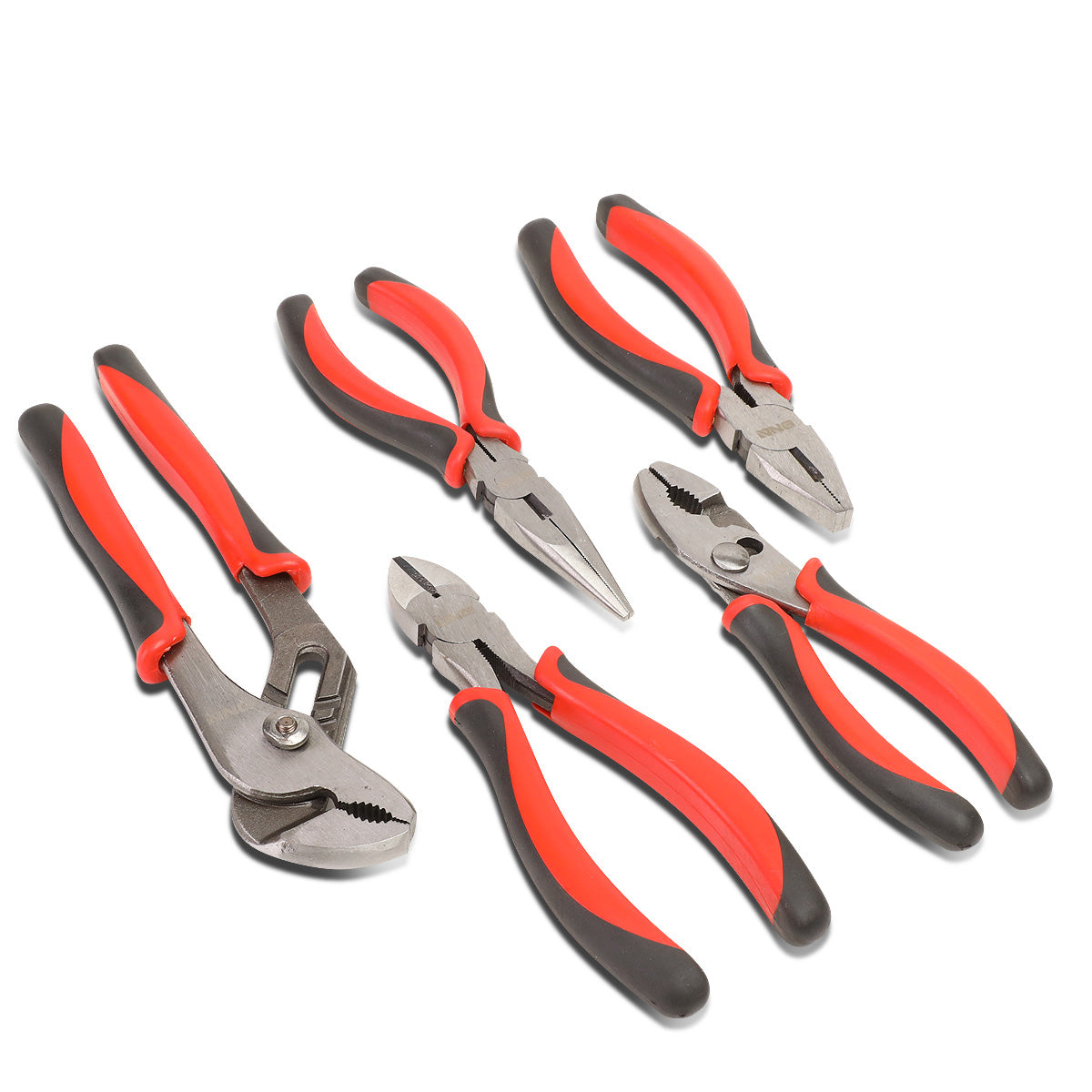 HERRAMIENTAS DNA LOGO - 5PC - 6-1/2" LINESMAN PLIER, 6-1/2" SLIP JOINT PLIER, 6-1/2" NEEDLE NOSE PLIER, 6-1/2" DIAGONAL CUTTER, 8" GROOVE JOINT PLIER - 1/2" JAW OPENING - BLACK / RED RUBBER GRIP