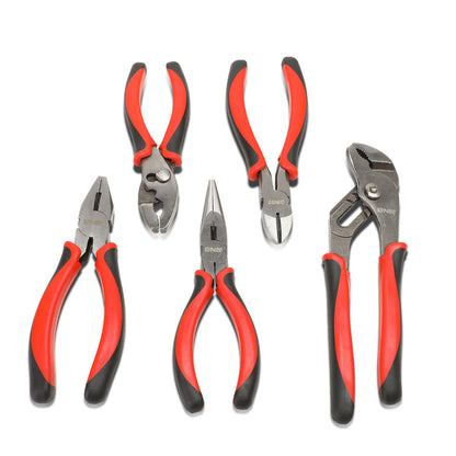 HERRAMIENTAS DNA LOGO - 5PC - 6-1/2" LINESMAN PLIER, 6-1/2" SLIP JOINT PLIER, 6-1/2" NEEDLE NOSE PLIER, 6-1/2" DIAGONAL CUTTER, 8" GROOVE JOINT PLIER - 1/2" JAW OPENING - BLACK / RED RUBBER GRIP