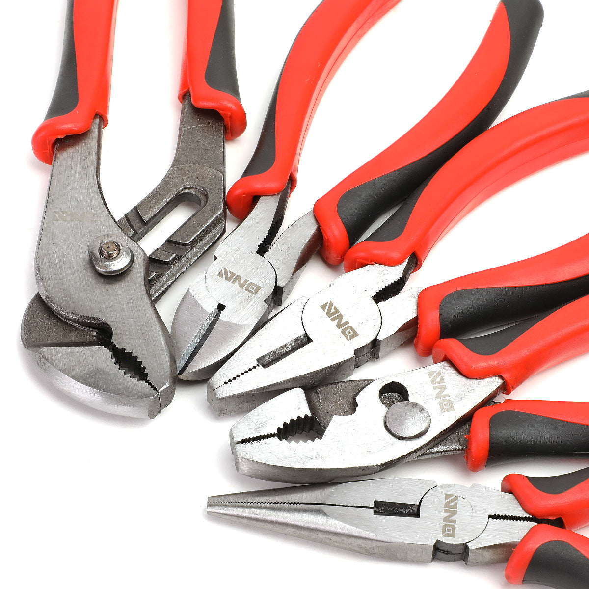 HERRAMIENTAS DNA LOGO - 5PC - 6-1/2" LINESMAN PLIER, 6-1/2" SLIP JOINT PLIER, 6-1/2" NEEDLE NOSE PLIER, 6-1/2" DIAGONAL CUTTER, 8" GROOVE JOINT PLIER - 1/2" JAW OPENING - BLACK / RED RUBBER GRIP