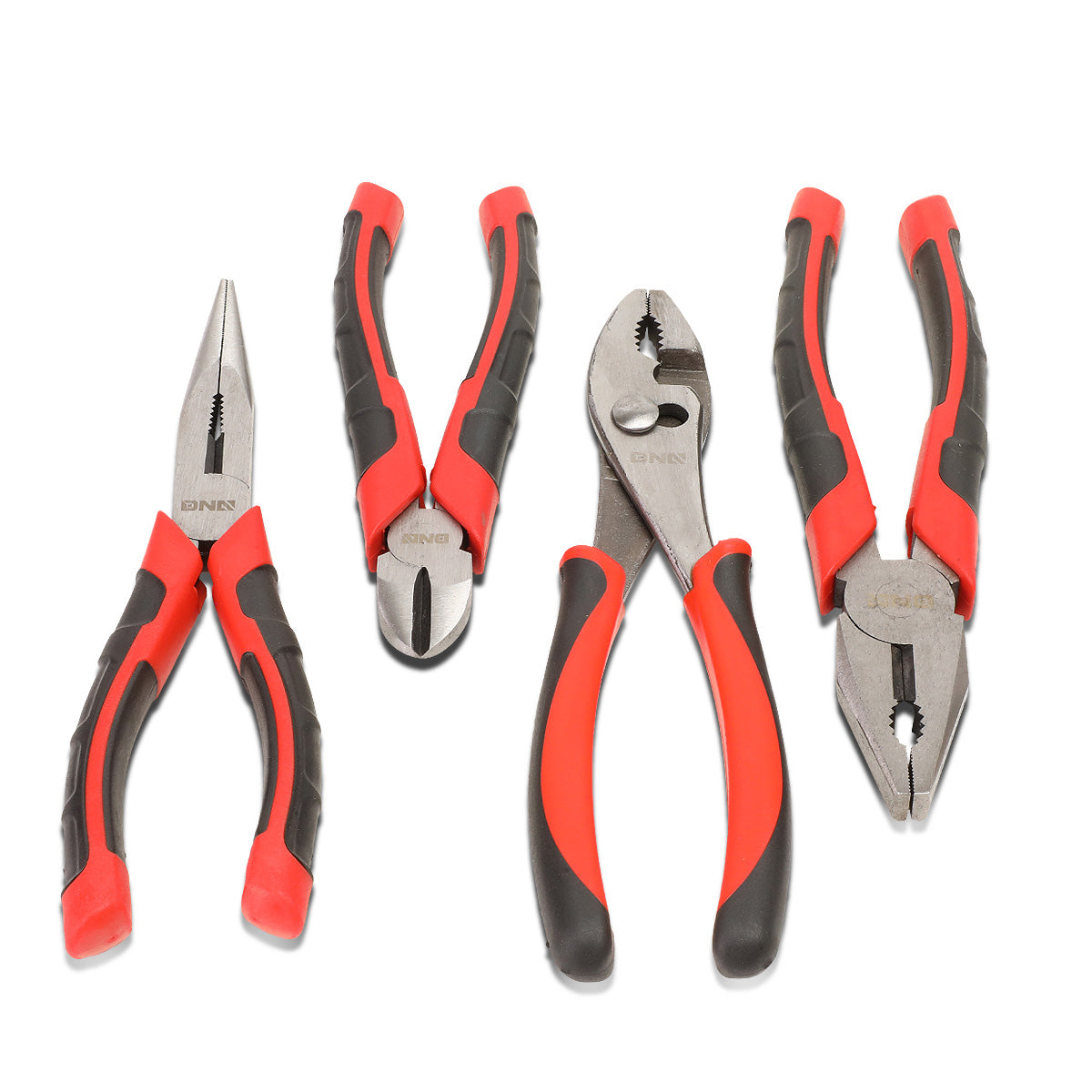 HERRAMIENTAS DNA LOGO - 4PC - 8" LINESMAN PLIER, 8" NEEDLE NOSE PLIER, 8" NEEDLE NOSE PLIER, 6-1/2" DIAGONAL CUTTER - 1/2" JAW OPENING - BLACK / RED RUBBER GRIP