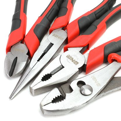 HERRAMIENTAS DNA LOGO - 4PC - 8" LINESMAN PLIER, 8" NEEDLE NOSE PLIER, 8" NEEDLE NOSE PLIER, 6-1/2" DIAGONAL CUTTER - 1/2" JAW OPENING - BLACK / RED RUBBER GRIP