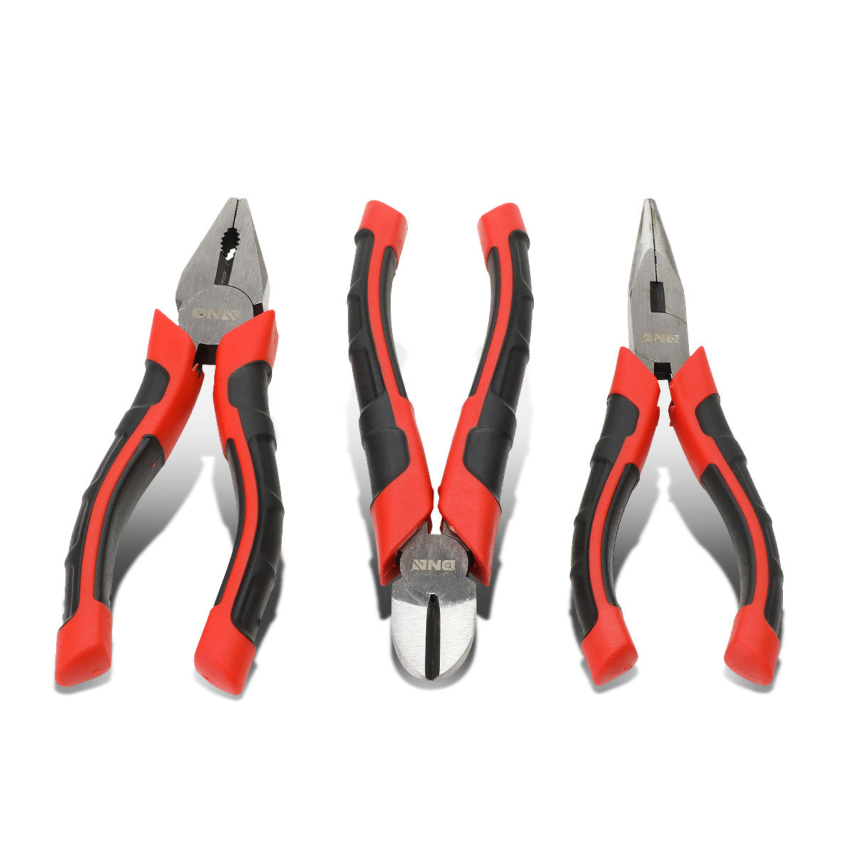 HERRAMIENTAS DNA LOGO - 3PC - 6-1/2" LINESMAN PLIER, 6-1/2" NEEDLE NOSE PLIER, 6-1/2" DIAGONAL CUTTER - 1/2" JAW OPENING - BLACK / RED RUBBER GRIP