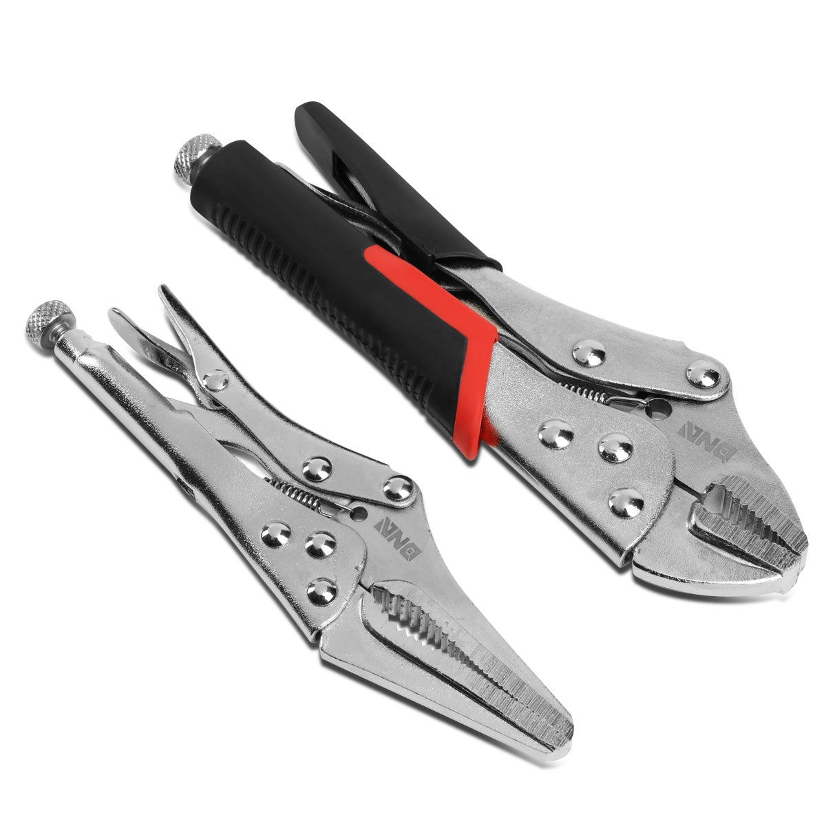 HERRAMIENTAS DNA LOGO - 2PC - 6" LONG NOSE LOCK JAW PLIER, 7" LOCK JAW PLIER - 1-1/2" LONG NOSE / 1-1/4" STRAIGHT JAW OPENING - BLACK / RED RUBBER GRIP