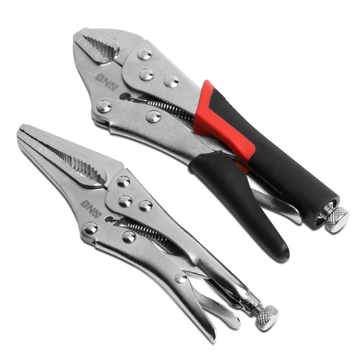 HERRAMIENTAS DNA LOGO - 2PC - 6" LONG NOSE LOCK JAW PLIER, 7" LOCK JAW PLIER - 1-1/2" LONG NOSE / 1-1/4" STRAIGHT JAW OPENING - BLACK / RED RUBBER GRIP