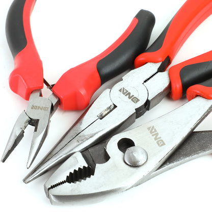 HERRAMIENTAS DNA LOGO - 4PC - 5" NEEDLE NOSE PLIER, 8" SLIP JOINT PLIER, 8" NEEDLE NOSE PLIER, 8" ADJUSTABLE WRENCH - 1/2" JAW OPENING - BLACK / RED RUBBER GRIP
