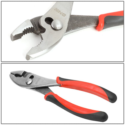 HERRAMIENTAS DNA LOGO - 4PC - 5" NEEDLE NOSE PLIER, 8" SLIP JOINT PLIER, 8" NEEDLE NOSE PLIER, 8" ADJUSTABLE WRENCH - 1/2" JAW OPENING - BLACK / RED RUBBER GRIP
