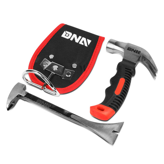 HERRAMIENTAS DNA LOGO - 8OZ HAMMER HEAD - 8" MULTI-PURPOSE PRY BAR - W/ HAMMER HOLSTER - BLACK / RED RUBBER GRIP