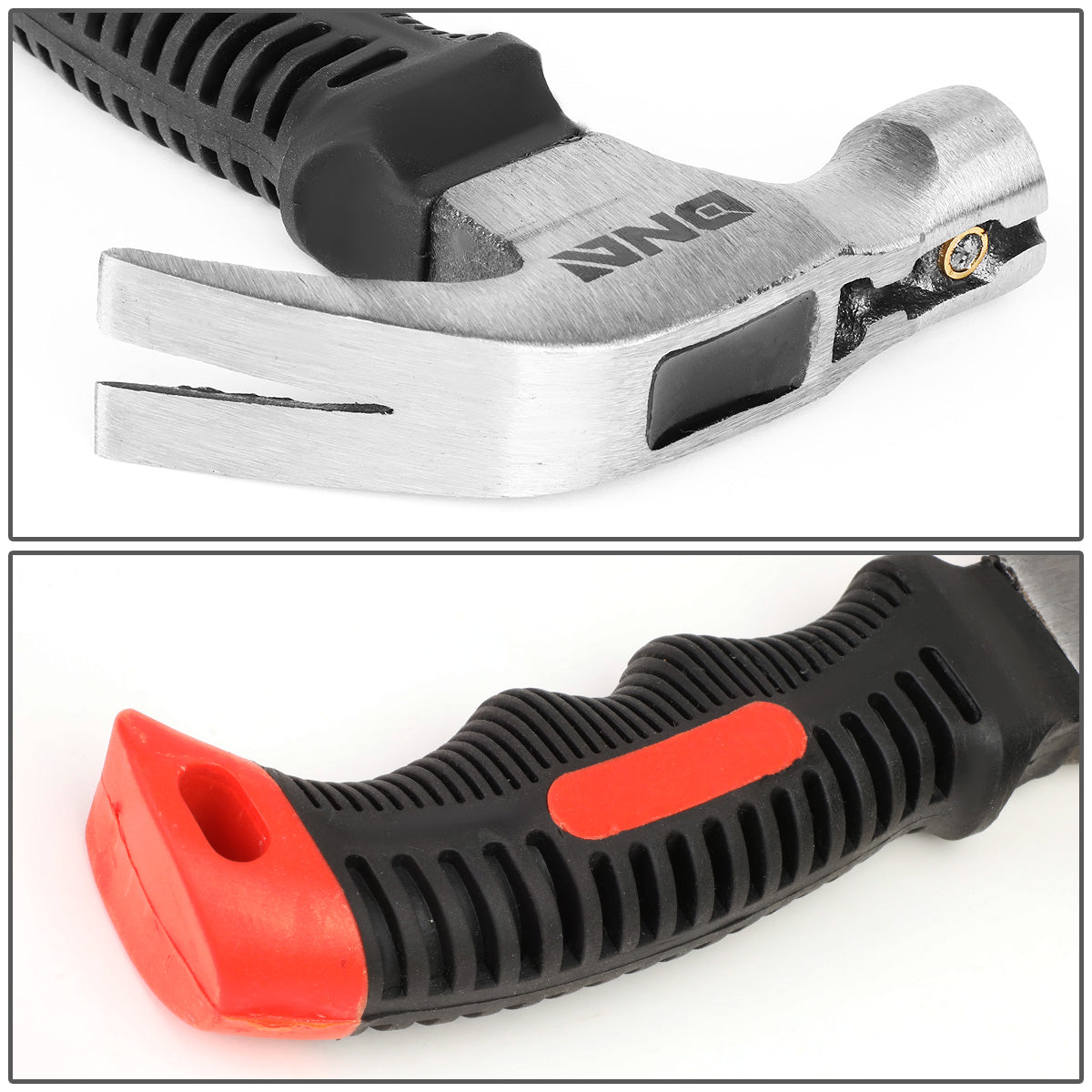 HERRAMIENTAS DNA LOGO - 8OZ HAMMER HEAD - 8" MULTI-PURPOSE PRY BAR - W/ HAMMER HOLSTER - BLACK / RED RUBBER GRIP