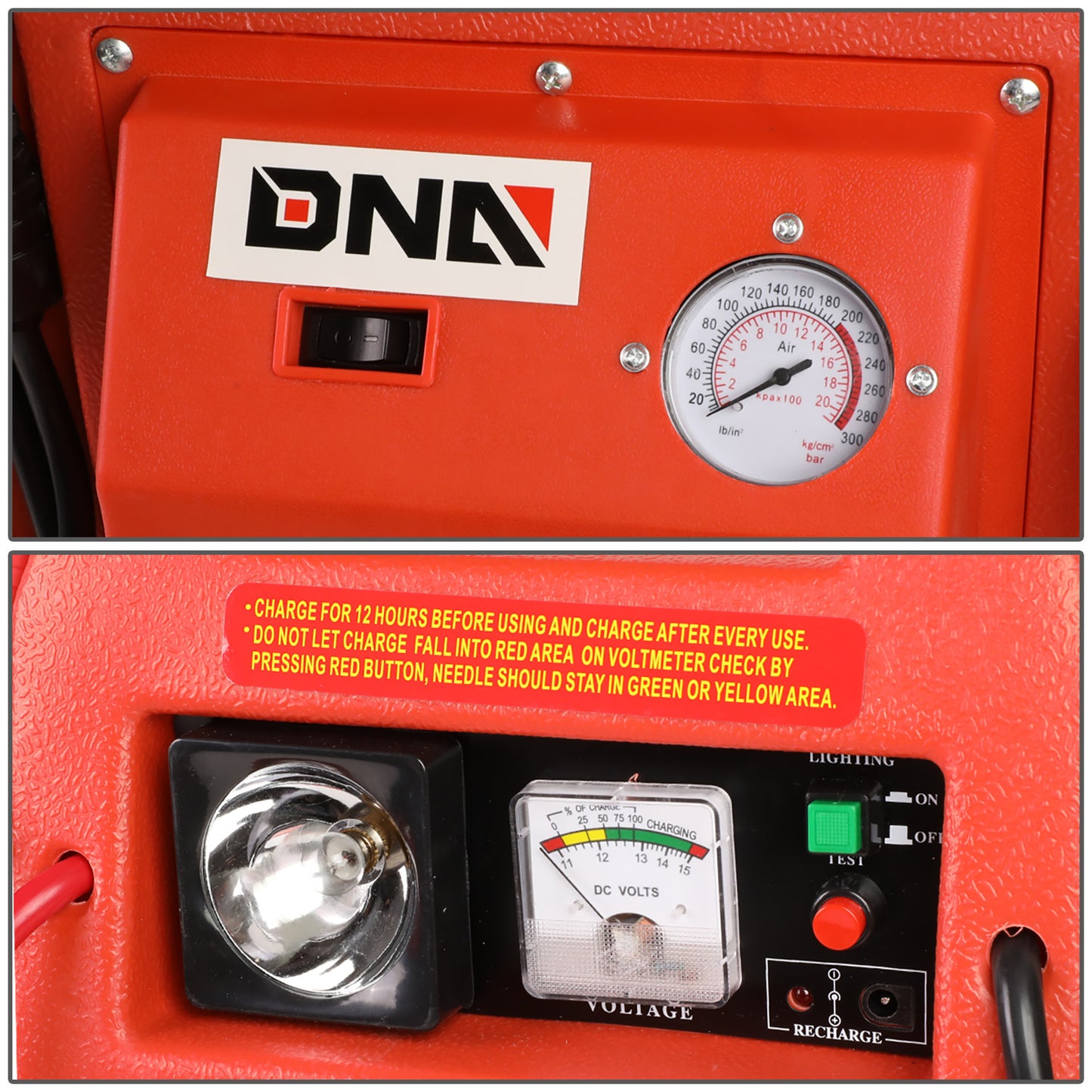 HERRAMIENTAS DNA LOGO - RECHARGEABLE - 12V - 300PSI AIR COMPRESSOR - W/ BUILT IN LIGHT - RED