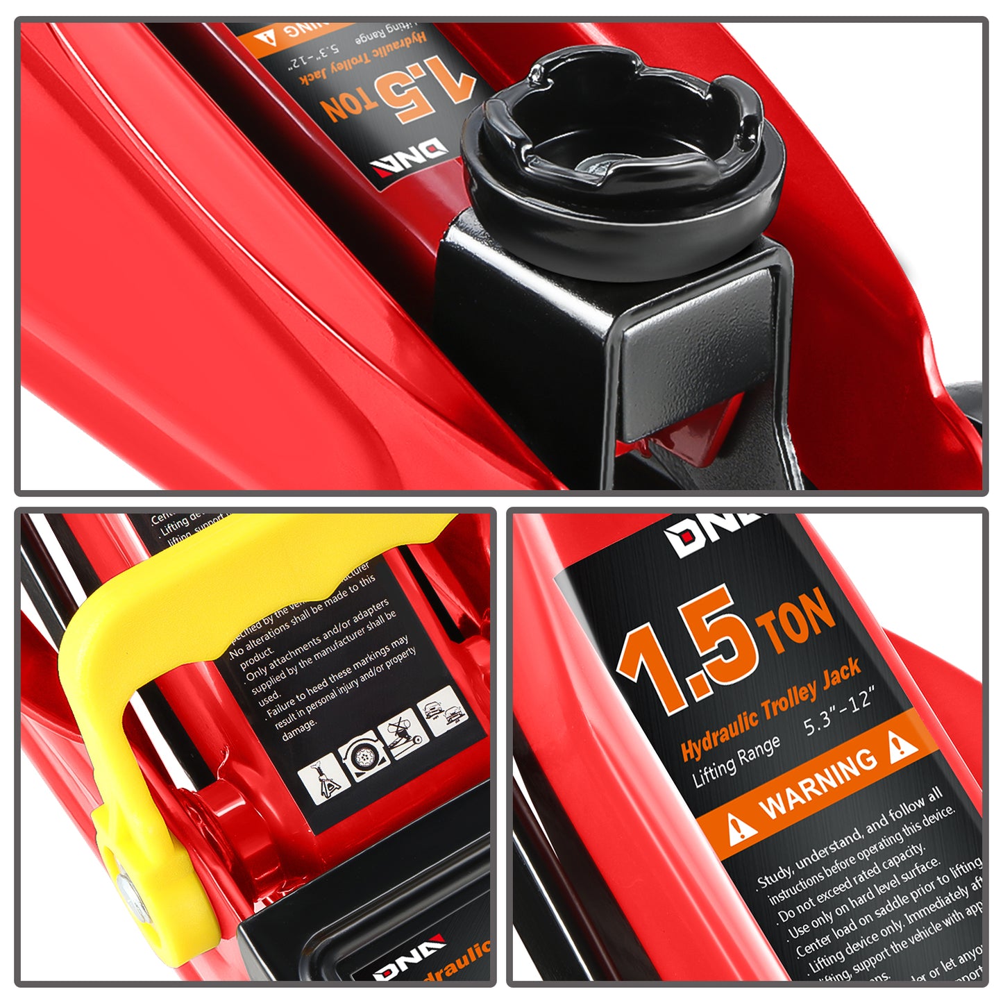 HERRAMIENTAS 1.5 TON 3000 LBS - 5.3" - 12" - RED - FOR VERTICALLIFTING JOBS ONLY, NEVER USE AS A JACK STAND TO HOLD LOAD FOR ANY PROLONGED PERIOD, CAN NOT USED WHERE SIDE OR DOWNWARD FORCE