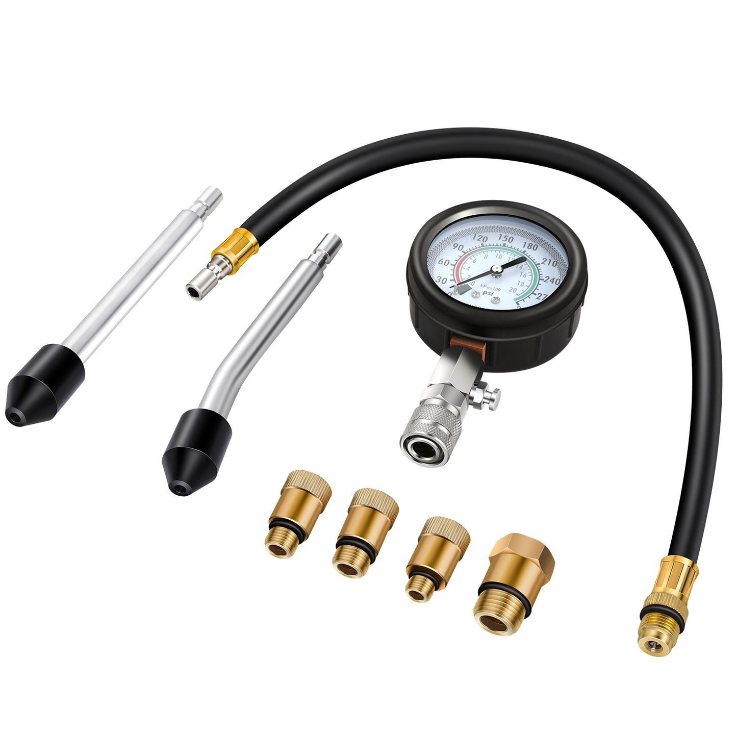 HERRAMIENTAS 1X AIR GAUGE WITH QUICK COUPLING & RELEASE VALVE / 1X HIGH-TENSION CONNECTING PIPE WITH SAFETY LOCK COUPLING / 1X CRANK SHAFT TYPE TEST PIPE WITH RUBBER PLUG / 1X TRANSVERSE AXIS TEST PIPE WITH RUBBER PLUG / 1X M10X 1.0 ADAPTER / 1X M12X 1.25