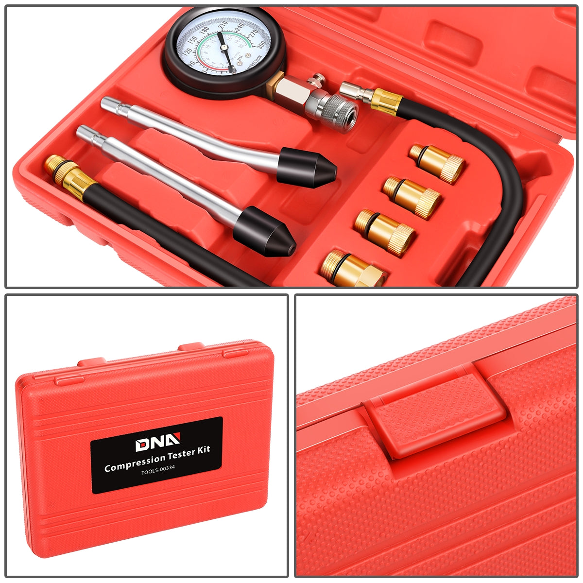 HERRAMIENTAS 1X AIR GAUGE WITH QUICK COUPLING & RELEASE VALVE / 1X HIGH-TENSION CONNECTING PIPE WITH SAFETY LOCK COUPLING / 1X CRANK SHAFT TYPE TEST PIPE WITH RUBBER PLUG / 1X TRANSVERSE AXIS TEST PIPE WITH RUBBER PLUG / 1X M10X 1.0 ADAPTER / 1X M12X 1.25
