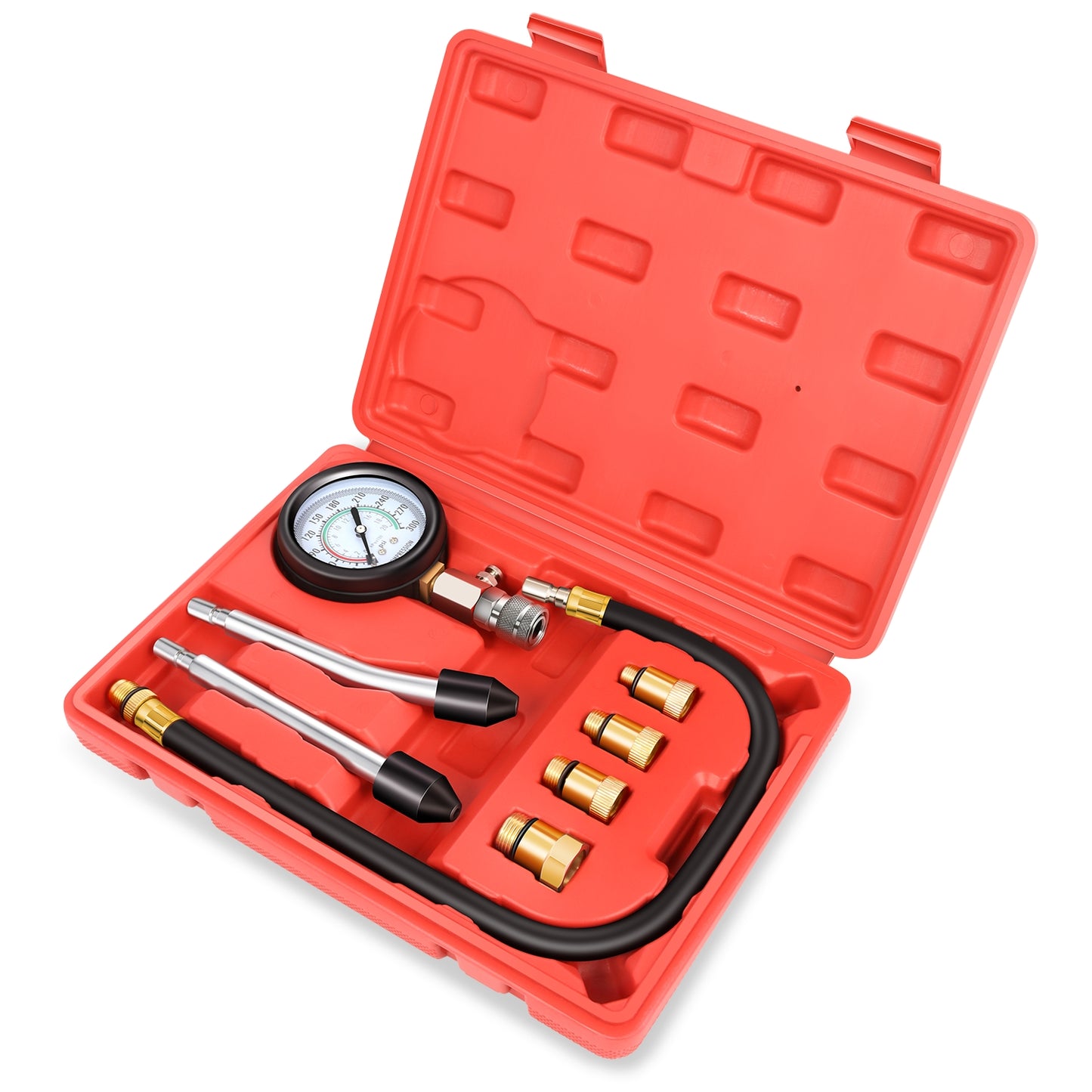 HERRAMIENTAS 1X AIR GAUGE WITH QUICK COUPLING & RELEASE VALVE / 1X HIGH-TENSION CONNECTING PIPE WITH SAFETY LOCK COUPLING / 1X CRANK SHAFT TYPE TEST PIPE WITH RUBBER PLUG / 1X TRANSVERSE AXIS TEST PIPE WITH RUBBER PLUG / 1X M10X 1.0 ADAPTER / 1X M12X 1.25