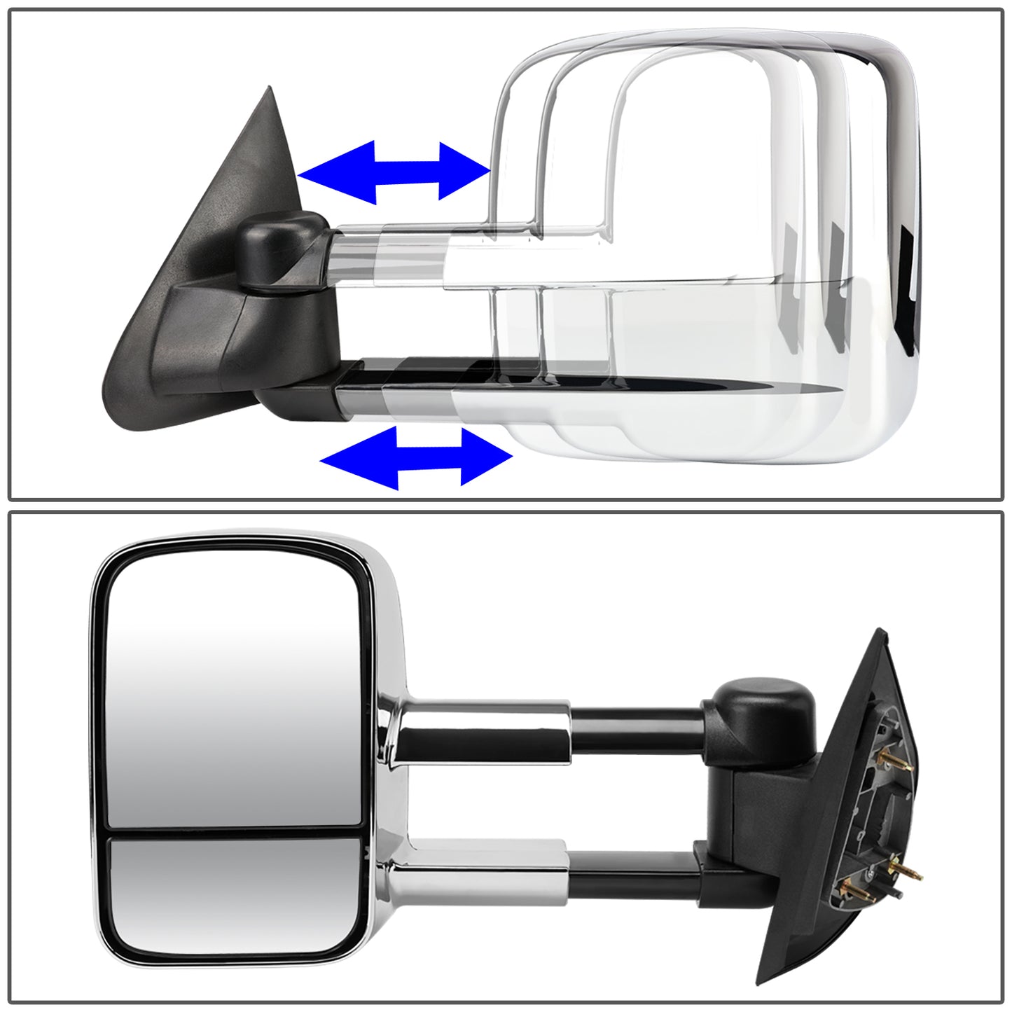 RETROVISORES EXTENDIBLES TOWING MIRROR - 97-03 FORD F-150 - PAIR - POWERED W/O HEATED W/O SIGNAL - FITS STANDARD AND EXTENDED CAB ONLY, DOES NOT FIT CREW CAB - CHROME