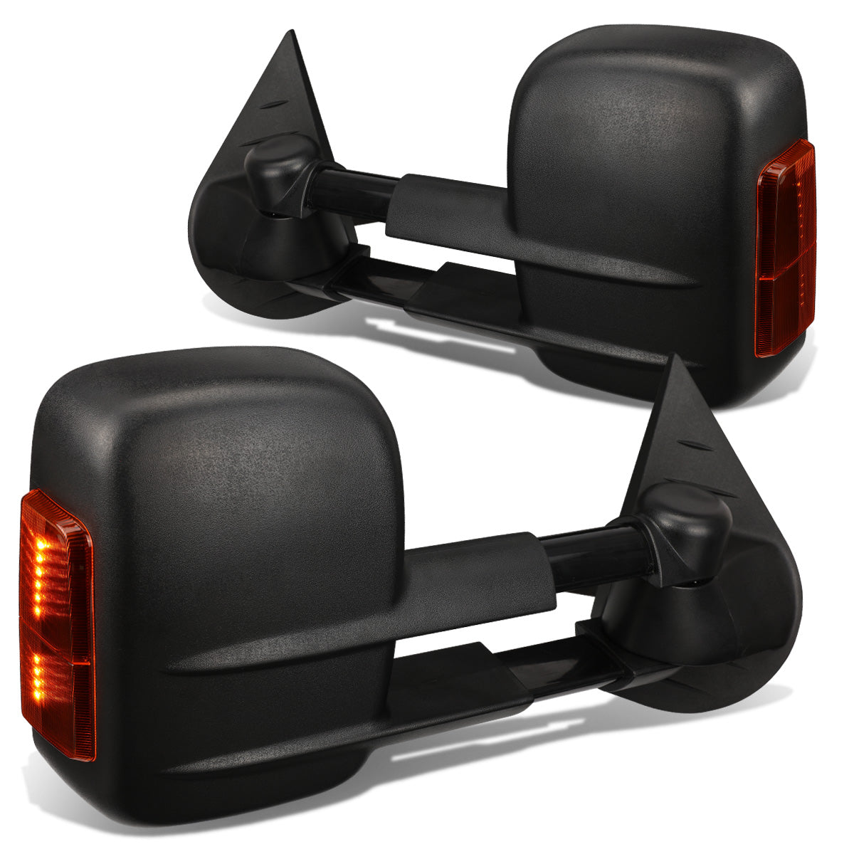 RETROVISORES EXTENDIBLES TOWING MIRROR - 07-12 CHEVY SILVERADO / GMC SIERRA - PAIR - POWERED W/ HEATED W/ AMBER SIGNAL - BLACK - LED AMBER SIGNAL