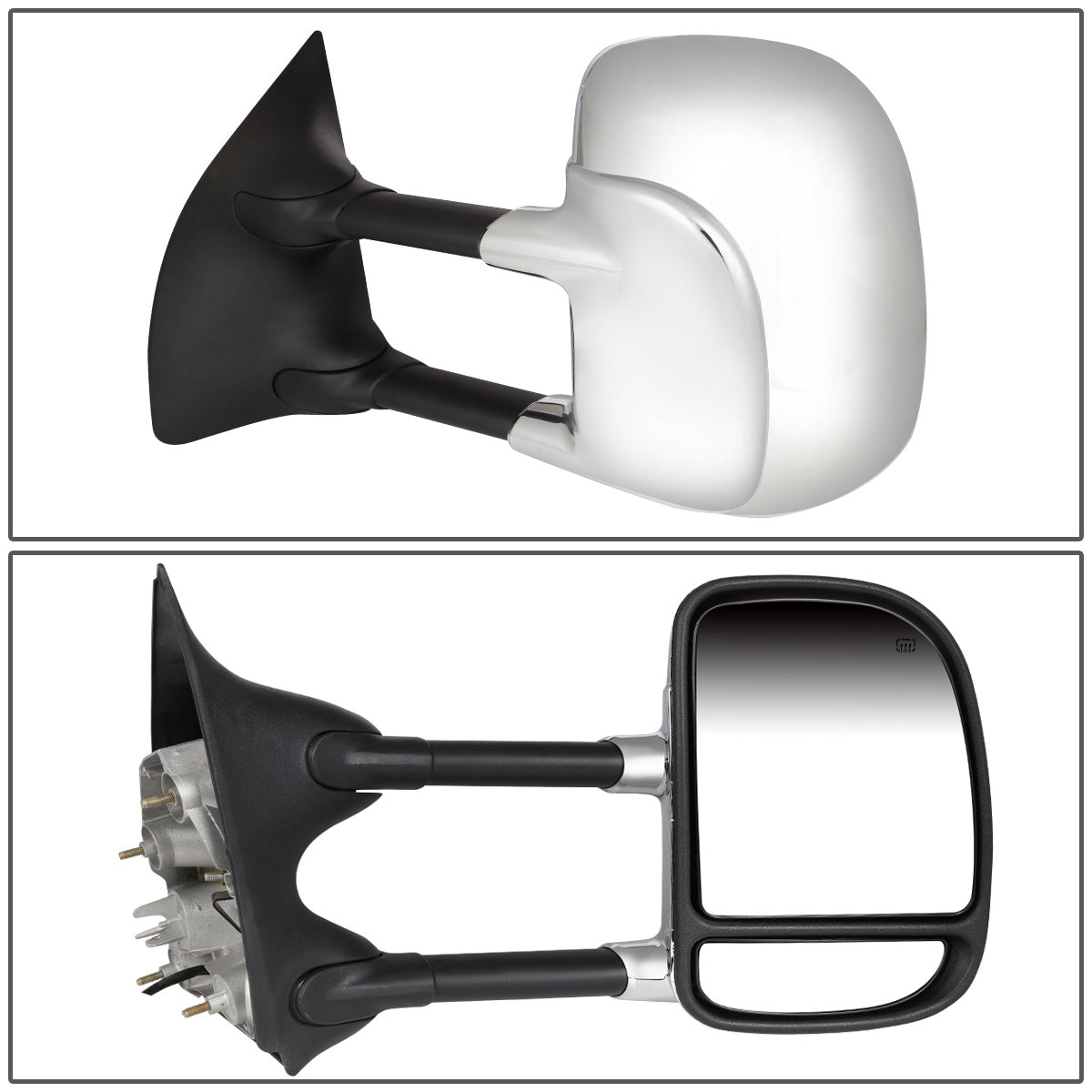 RETROVISORES EXTENDIBLES TOWING MIRROR - 99-07 FORD F-250, F-350, F-450, F-550 - SUPER DUTY - PAIR - POWERED W/ HEATED W/O SIGNAL - CHROME
