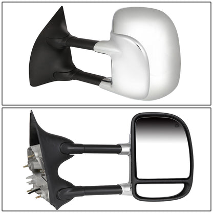 RETROVISORES EXTENDIBLES TOWING MIRROR - 99-07 FORD F-250, F-350, F-450, F-550 - SUPER DUTY - PAIR - POWERED W/ HEATED W/O SIGNAL - CHROME