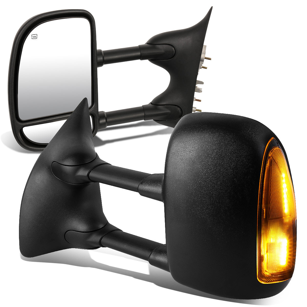 RETROVISORES EXTENDIBLES TOWING MIRROR - 99-07 FORD F-250, F-350, F-450, F-550 - SUPER DUTY - PAIR - POWERED W/ HEATED - SMOKE SIGNAL - BLACK