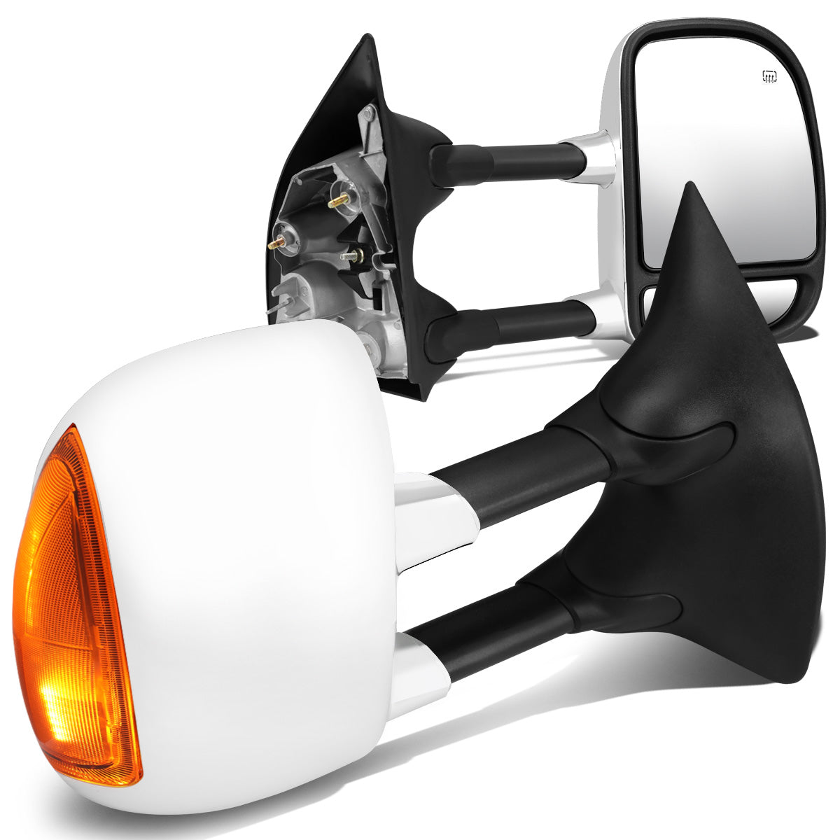 RETROVISORES EXTENDIBLES TOWING MIRROR - 99-07 FORD F-250, F-350, F-450, F-550 - SUPER DUTY - PAIR - POWERED W/ HEATED - AMBER SIGNAL - CHROME