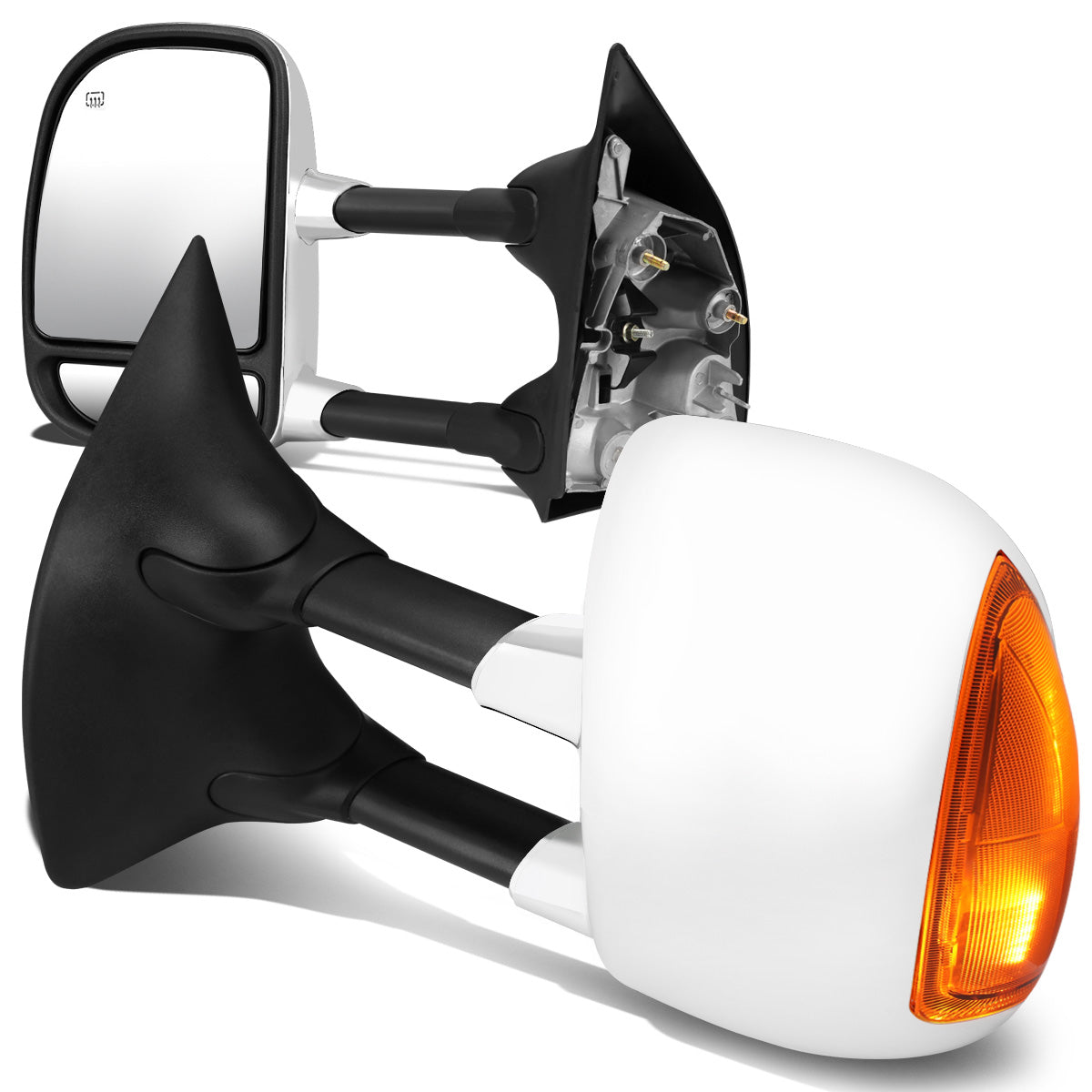 RETROVISORES EXTENDIBLES TOWING MIRROR - 99-07 FORD F-250, F-350, F-450, F-550 - SUPER DUTY - PAIR - POWERED W/ HEATED - AMBER SIGNAL - CHROME