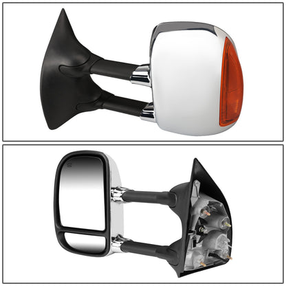 RETROVISORES EXTENDIBLES TOWING MIRROR - 99-07 FORD F-250, F-350, F-450, F-550 - SUPER DUTY - PAIR - POWERED W/ HEATED - AMBER SIGNAL - CHROME