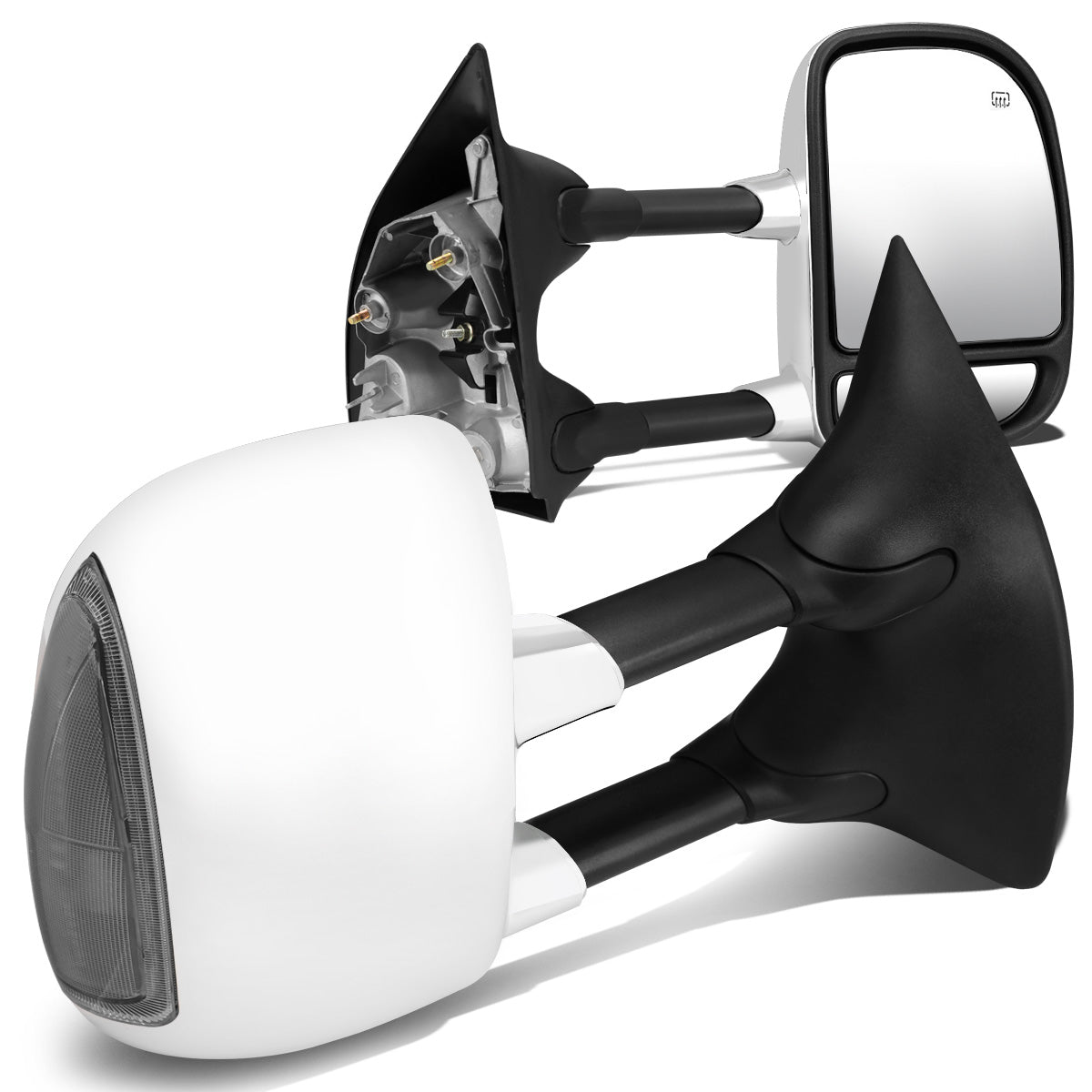 RETROVISORES EXTENDIBLES TOWING MIRROR - 99-07 FORD F-250, F-350, F-450, F-550 - SUPER DUTY - PAIR - POWERED W/ HEATED - SMOKE SIGNAL - CHROME